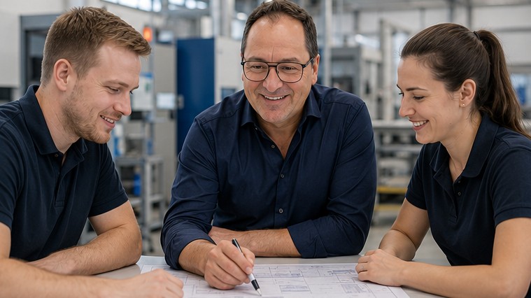 Marco Houillot im Austausch mit einem Team am Planungstisch