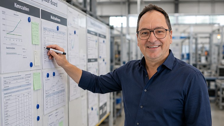 Marco Houillot erklärt Zusammenhänge am Shopfloor-Board